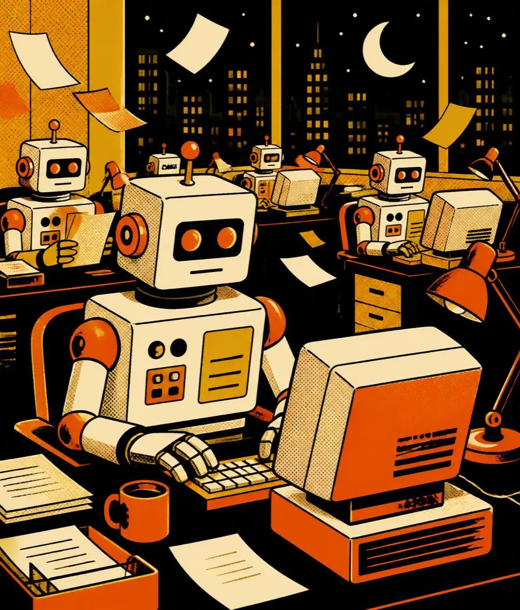 An AI workforce of retro robots working through the night