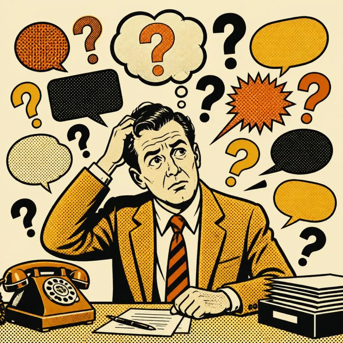 A person surrounded by question marks