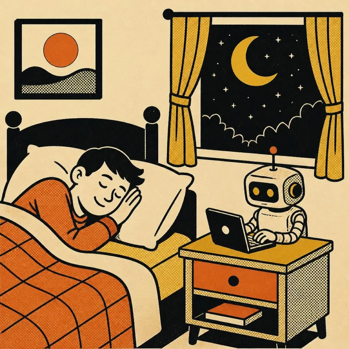 A person sleeping while a robot works on a laptop